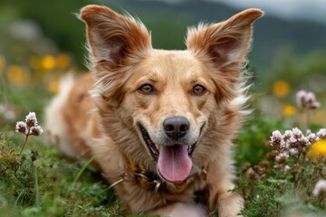 Fröhlicher Hund liegt auf einer blühenden Sommerwiese