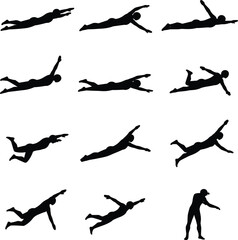 A Collection of Black Silhouettes of Swimmers in Various Poses, Diving and Swimming Isolated on a White Background.