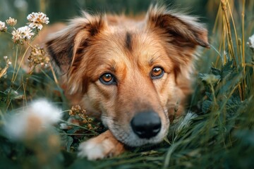 Nachdenklicher Hund liegt ruhig im hohen Gras einer Sommerwiese