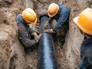 Workers installing pipe. Construction workers in safety helmets install a large diameter pipe in a trench surrounded by earth.