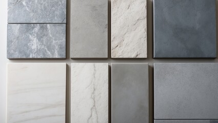 Collection of ceramic tiles with different textures and shades, arranged in a grid. Interior design, material options. Surface finishes and color variations.