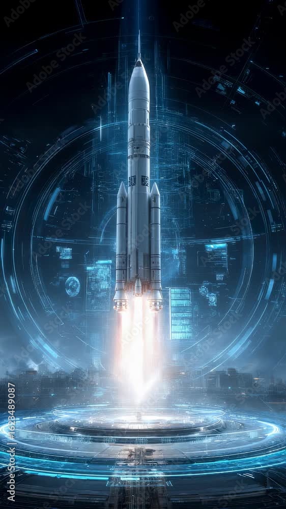 Poster a futuristic rocket launch enhanced by holographic displays and virtual reality elements illustrates