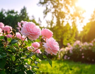 Pink roses in garden sunlight