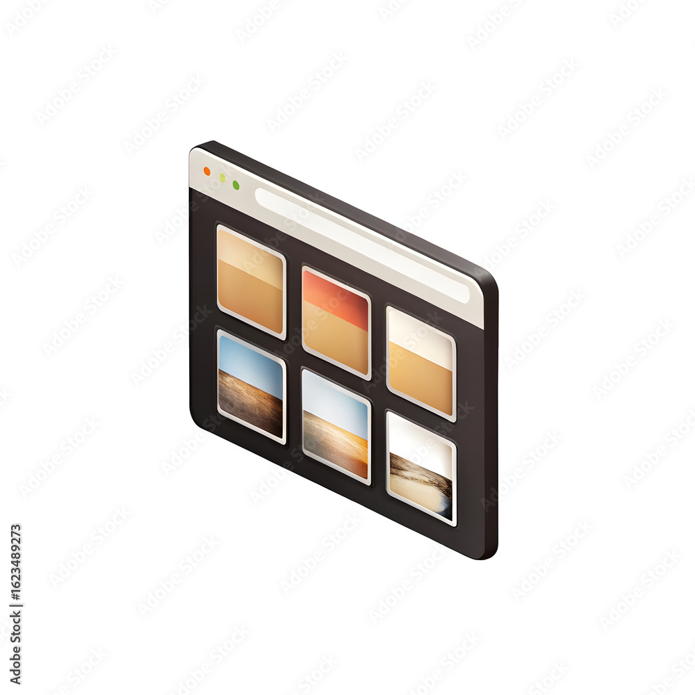 Poster browser window with landscape thumbnails isolated on a transparent background