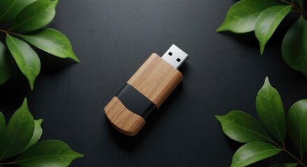 Wooden usb flash drive with green leaves on a black background