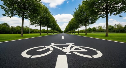 Bicycle lane on a road lined with trees under a sunny blue sky with clouds