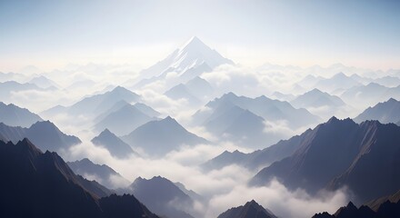 Misty mountain range landscape aerial view peak fog cloudscape nature scenery travel destination views generated with ai