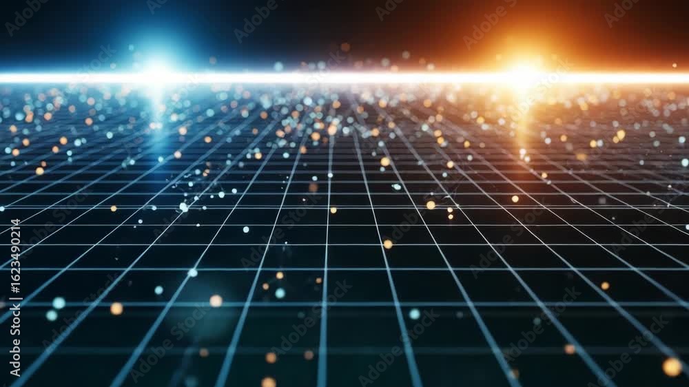 Poster a mesmerizing digital landscape featuring a grid pattern illuminated by vibrant blue and orange ligh