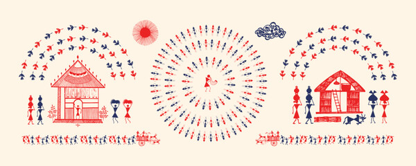 Celebrating Rural Life: Hand-Painted Scenes of Village Community in Warli Folk Art. Warli art, Indian rural life, Tribal art India, Warli painting © Ashish