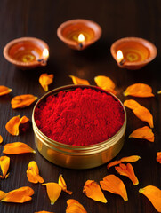 Closeup of traditional indian diyas with a bowl of red powder and scattered petals, symbolizing devotion