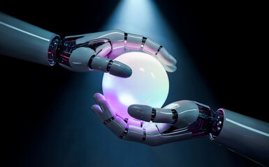 Futuristic robot hands gently holding glowing orb, symbolizing innovation and the future of technology with a modern and clean aesthetic