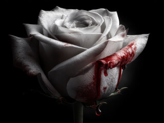 A black background with a white rose in the center that had red edged petals and red color or blood dropping from those petals