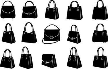 Womens handbag silhouettes. Female accessories different forms and shapes, casual shopper, fashion clutch, contemporary bag, luxury shopping icons collection logo design vector flat isolated set
