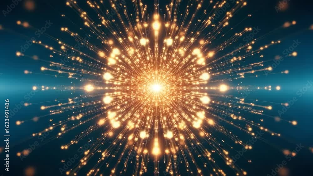 Poster a mesmerizing burst of golden light radiating from the center surrounded by a deep blue backdrop cre