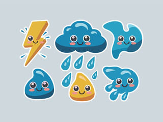 Storm Themed Weather Emoji Stickers Vector Illustration with Cute Kawaii Style Thundercloud, Raindrop, Lightning and wind gust Icons