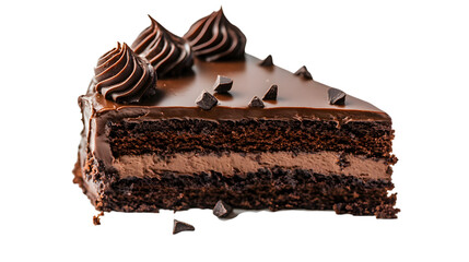 A slice of chocolate cake with chocolate frosting and chocolate chips