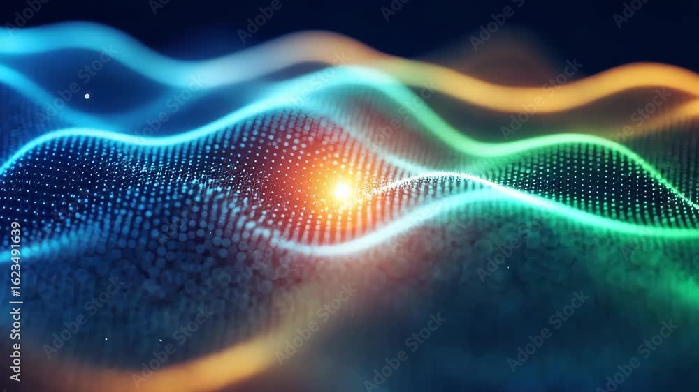 Poster abstract representation of colorful sound waves flowing smoothly across a dark background showcasing