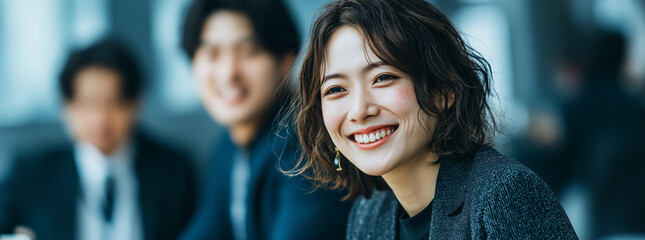 Japanese business professionals are actively working together in a meeting in a modern office, demonstrating teamwork, success and a positive work environment.