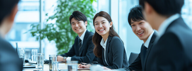 Japanese business professionals are actively working together in a meeting in a modern office, demonstrating teamwork, success and a positive work environment.