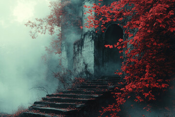 A mysterious scene with a gloomy abandoned building surrounded by bright red foliage against a background of thick fog. 