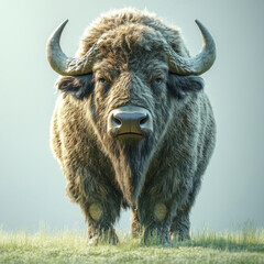 A powerful bison stands on green grass against the background of morning light, looking straight into the camera.  