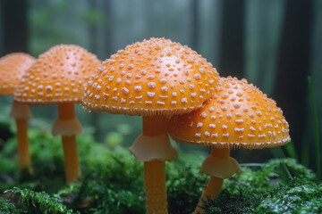 Close-up of bright orange mushrooms with characteristic spiky caps growing on mossy ground in the shade of a forest.  