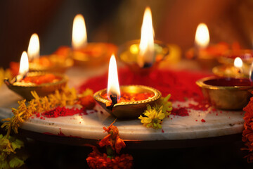 Close up of traditional indian diyas glowing with warm light during a festival celebration, creating a peaceful and spiritual atmosphere