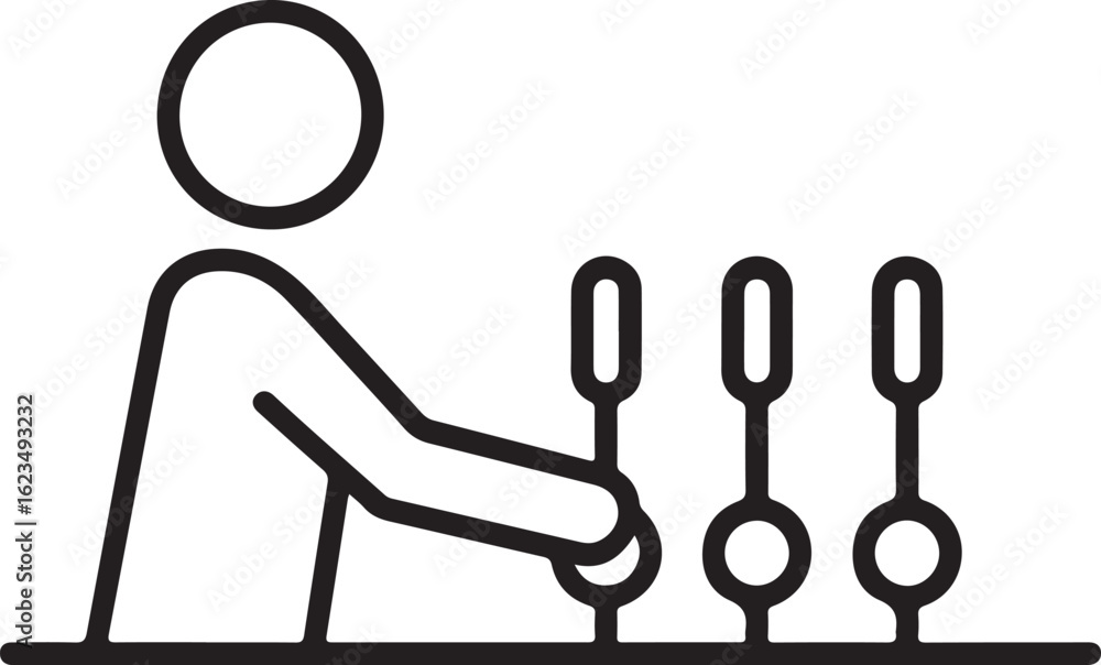 Poster person operating multiple control levers on a panel for decision making or management