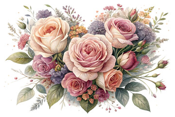 Soft pastel floral bouquet with roses and greenery isolated on transparent background