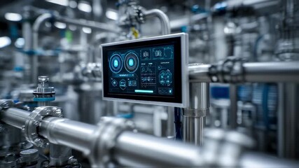 Modern industrial plant featuring advanced automation software on a futuristic touchscreen, enabling real time monitoring and control of complex processes through intuitive data visualizations - Powered by Adobe