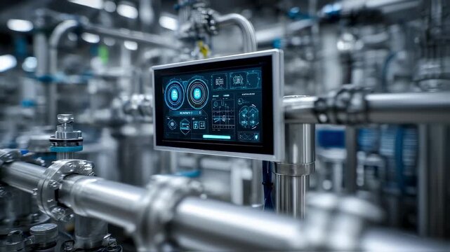 Modern industrial plant featuring advanced automation software on a futuristic touchscreen, enabling real time monitoring and control of complex processes through intuitive data visualizations - Powered by Adobe