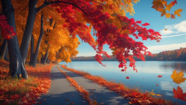 Autumn landscape with colorful trees by the lake and a walking path. Nature scene with fall foliage and reflections on water.