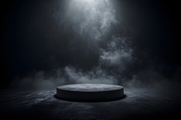 Podium black dark smoke background product platform abstract stage texture fog spotlight. Dark black floor podium dramatic empty night room table concrete wall scene place display studio smoky dust