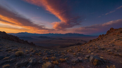 Celestial Sunset Over Rocky Wilderness – Desert Mountain Landscape