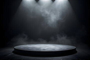 Podium black dark smoke background product platform abstract stage texture fog spotlight. Dark black floor podium dramatic empty night room table concrete wall scene place display studio smoky dust