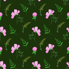 Seamless floral pattern with pink wildflowers, clover, and green leaves on a dark green background.