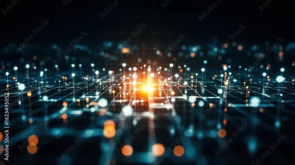 Poster a vibrant abstract representation of a digital network with glowing nodes and interconnected lines s