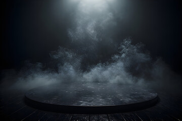 Podium black dark smoke background product platform abstract stage texture fog spotlight. Dark black floor podium dramatic empty night room table concrete wall scene place display studio smoky dust