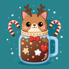 Naklejka premium Kitten with reindeer antlers inside a hot chocolate mason jar, floating marshmallows and holiday sparkles.
