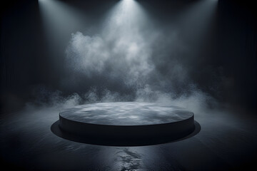 Podium black dark smoke background product platform abstract stage texture fog spotlight. Dark black floor podium dramatic empty night room table concrete wall scene place display studio smoky dust