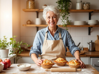 Elderly woman smiling while presenting homemade pies in kitchen  