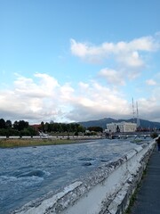 Terek River, embankment of the city of Vladikavkaz, North Ossetia, Russia, view of the Administration of the municipality of Vladikavkaz