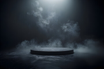 Podium black dark smoke background product platform abstract stage texture fog spotlight. Dark black floor podium dramatic empty night room table concrete wall scene place display studio smoky dust