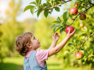 Young girl reaching for ripe apples on tree in sunny orchard 