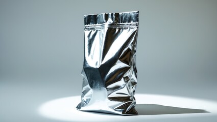 Shiny metallic bag with a crinkled surface standing upright on a flat surface