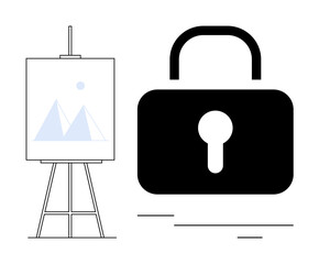 Black lock icon beside canvas on an easel with a minimalist drawing of mountains. Ideal for art protection, copyright, privacy, security, data safety, intellectual property, simple flat metaphor