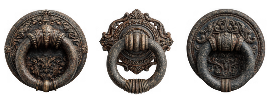 Three ornate bronze door knockers with vintage and antique design isolated on transparent background