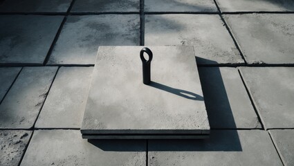 A black key on a square concrete tile on a tiled ground.