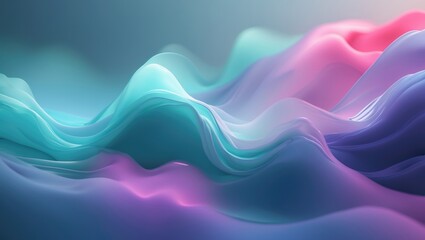 Fototapeta premium Colorful abstract waves with soft, flowing shapes in shades of teal, pink, purple, and blue.