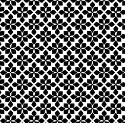 black and white seamless pattern, geometric pattern, repeating design, four-petal flower-like motifs, petals a rounded, elongated shape, creating a seamless, tessellated pattern, curved shapes, grid